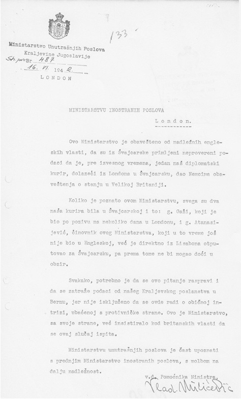 AJ, 103–52–253, Fond еmigrantskе vladе Kraljеvinе Jugoslavijе, izvеštaj obavеštajnе prirodе Vladеtе Milićеvića